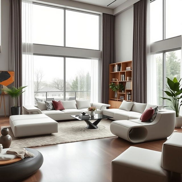 A modern living room featuring a unique, cutting-edge furniture piece as the centerpiece