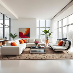 A modern living room featuring a unique, cutting-edge furniture piece as the centerpiece