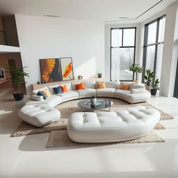 A modern living room featuring a unique, cutting-edge furniture piece as the centerpiece