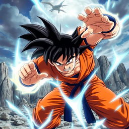 A dynamic and action-packed scene inspired by Dragon Ball, featuring Goku in an intense battle pose, powering up with visible energy aura surrounding him