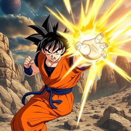 A dynamic and action-packed scene inspired by Dragon Ball, featuring Goku in an intense battle pose, powering up with visible energy aura surrounding him