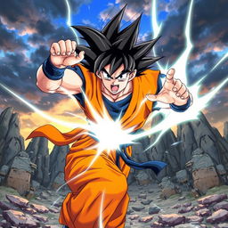 A dynamic and action-packed scene inspired by Dragon Ball, featuring Goku in an intense battle pose, powering up with visible energy aura surrounding him