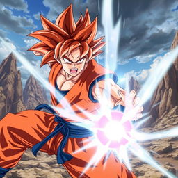 A dynamic and action-packed scene inspired by Dragon Ball, featuring Goku in an intense battle pose, powering up with visible energy aura surrounding him