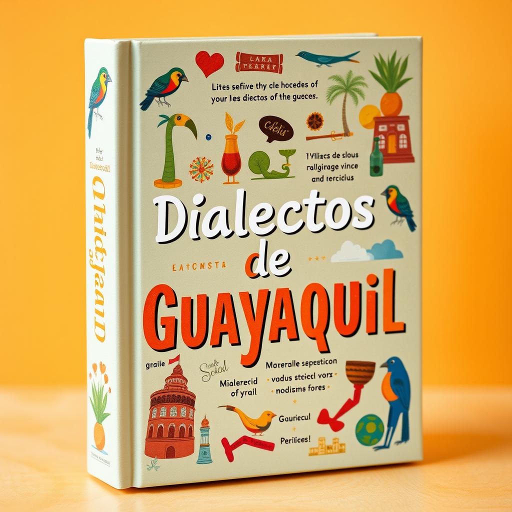 A visually engaging book cover titled "Dialectos de Guayaquil," showcasing elements of the unique dialect from the region