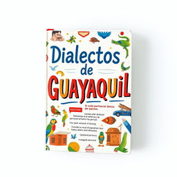 A visually engaging book cover titled "Dialectos de Guayaquil," showcasing elements of the unique dialect from the region