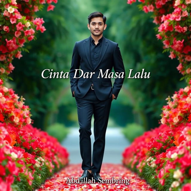 A tall, handsome Indonesian man stands in a sleek black outfit, surrounded by a lush array of flowers