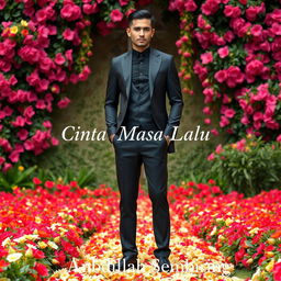 A tall, handsome Indonesian man stands in a sleek black outfit, surrounded by a lush array of flowers