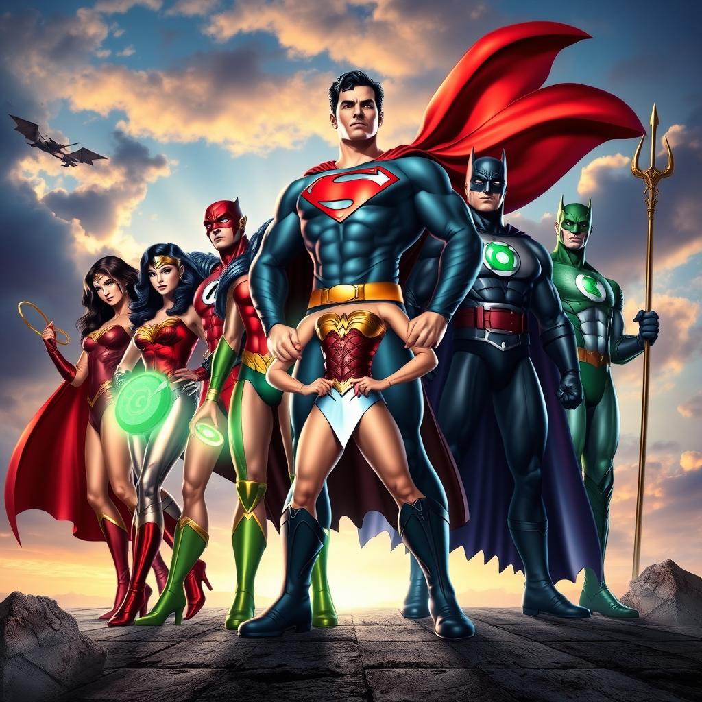 A dynamic and heroic scene featuring the members of the Justice League assembled together in a powerful pose