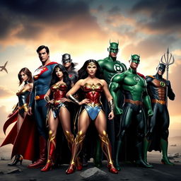 A dynamic and heroic scene featuring the members of the Justice League assembled together in a powerful pose