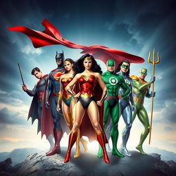 A dynamic and heroic scene featuring the members of the Justice League assembled together in a powerful pose