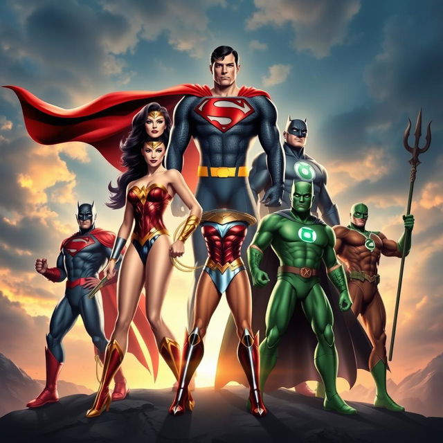 A dynamic and heroic scene featuring the members of the Justice League assembled together in a powerful pose