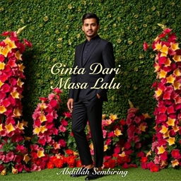 A tall, handsome Indonesian man stands gracefully in a chic black outfit, elegantly surrounded by an array of vibrant flowers