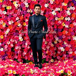 A tall, handsome Indonesian man stands gracefully in a chic black outfit, elegantly surrounded by an array of vibrant flowers