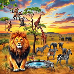 A vibrant and lively scene depicting a diverse group of animals in their natural habitat