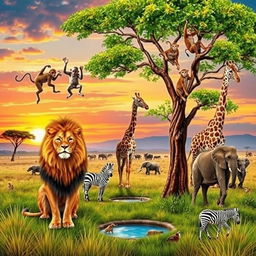 A vibrant and lively scene depicting a diverse group of animals in their natural habitat