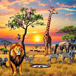 A vibrant and lively scene depicting a diverse group of animals in their natural habitat