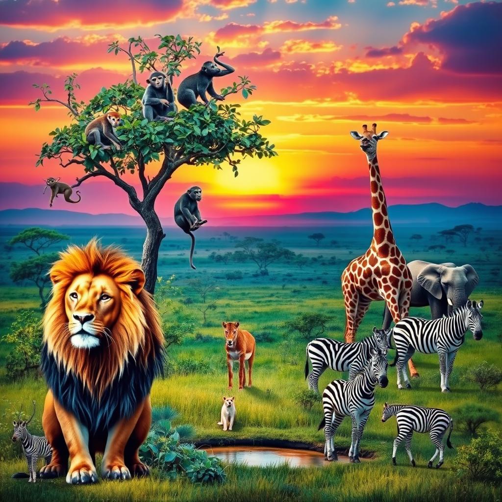 A vibrant and lively scene depicting a diverse group of animals in their natural habitat