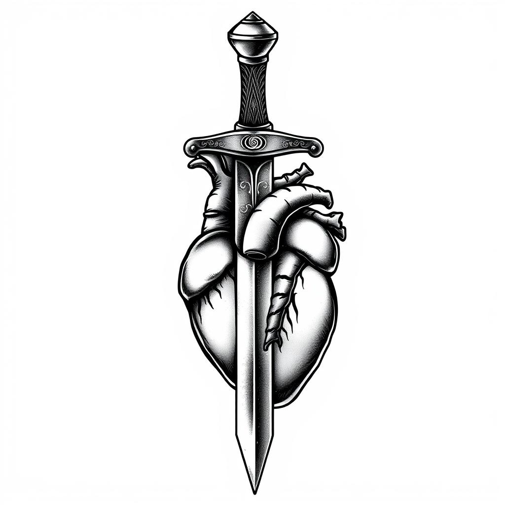 A tattoo design featuring a sword with a realistic biological heart as the hilt