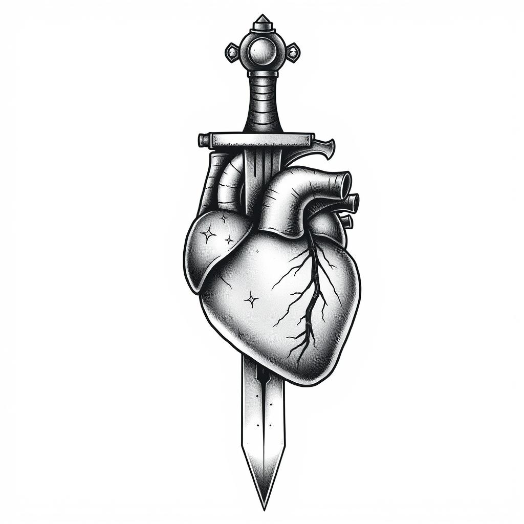 A tattoo design featuring a sword with a realistic biological heart as the hilt