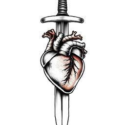 A tattoo design featuring a sword with a realistic biological heart as the hilt