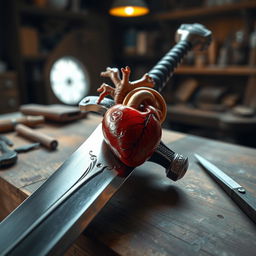 A sword featuring a small biologically-shaped heart embedded in its hilt