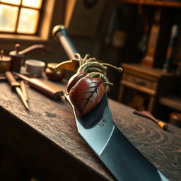 A sword featuring a small biologically-shaped heart embedded in its hilt