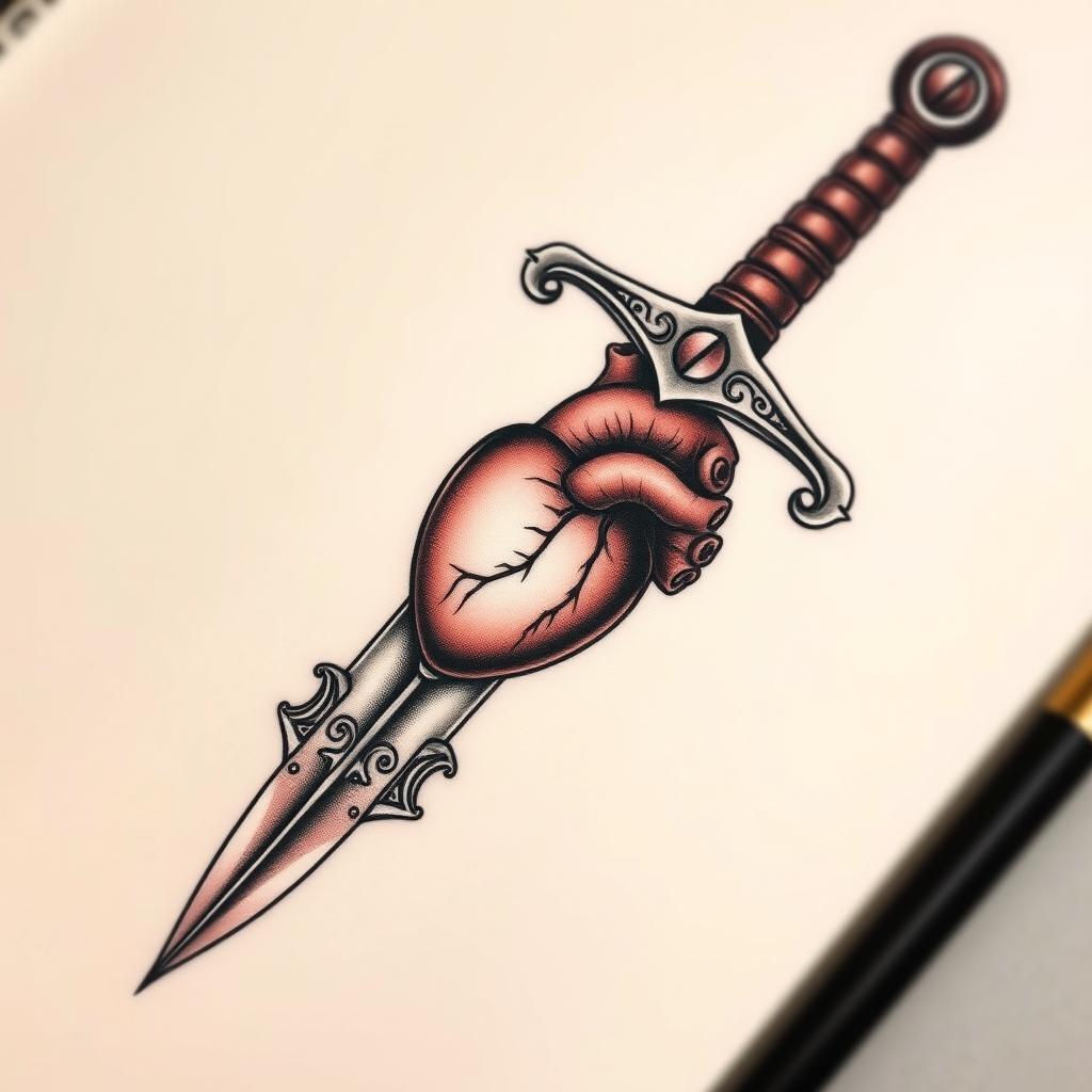 Tattoo design featuring a sword with a handle intricately crafted into a small anatomically correct heart, combining elements of strength and emotion