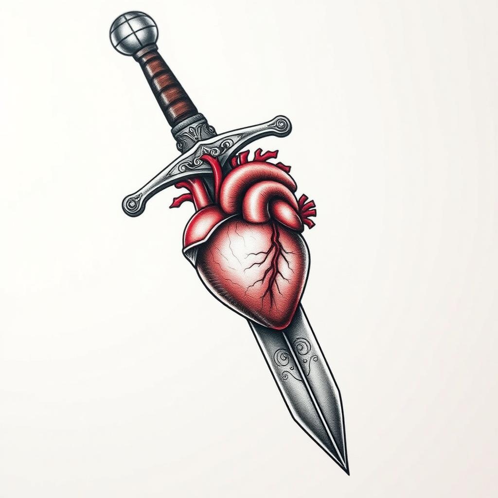 Tattoo design featuring a sword with a handle intricately crafted into a small anatomically correct heart, combining elements of strength and emotion