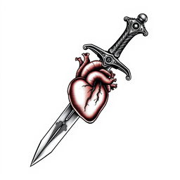 Tattoo design featuring a sword with a handle intricately crafted into a small anatomically correct heart, combining elements of strength and emotion