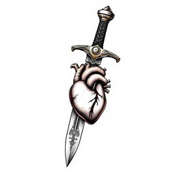 Tattoo design featuring a sword with a handle intricately crafted into a small anatomically correct heart, combining elements of strength and emotion