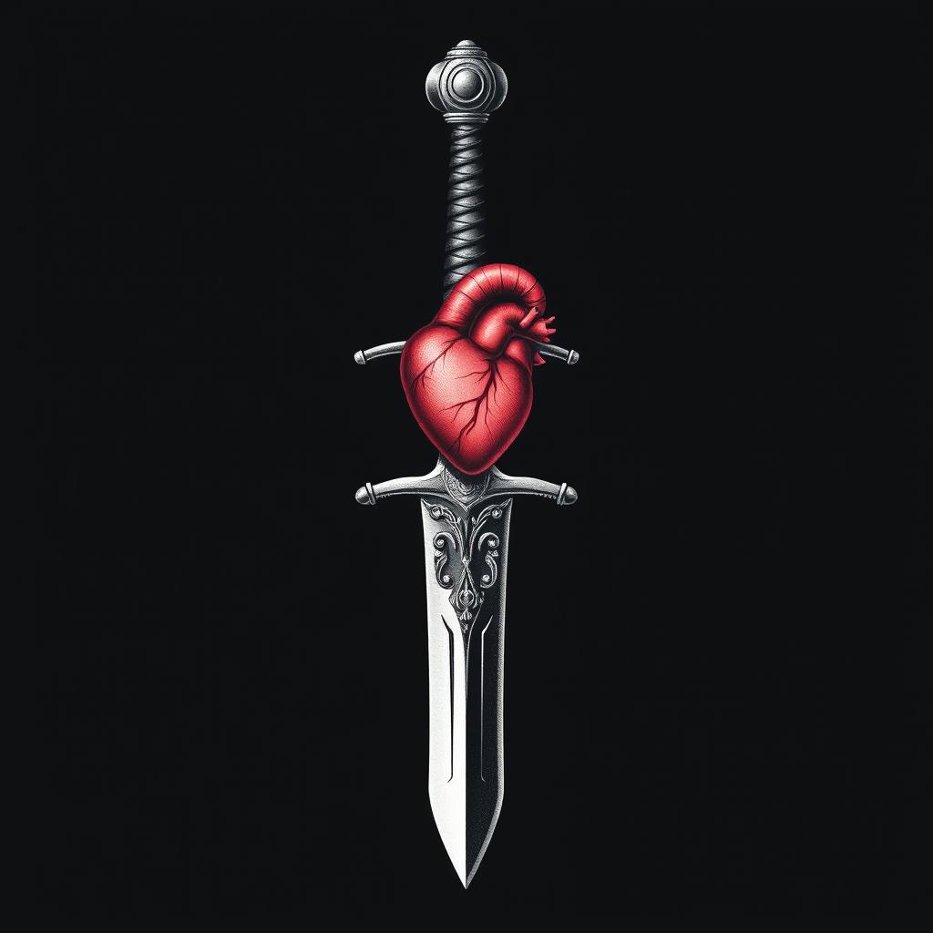 Tattoo design featuring a sword with a small, anatomically correct heart at the top of the hilt