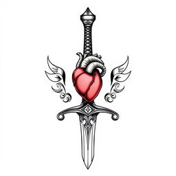 Tattoo design featuring a sword with a small, anatomically correct heart at the top of the hilt