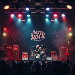 A vintage classic rock concert stage background, featuring iconic 1970s rock elements such as large amplifiers, electric guitars and classic drum sets