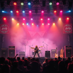 A vintage classic rock concert stage background, featuring iconic 1970s rock elements such as large amplifiers, electric guitars and classic drum sets