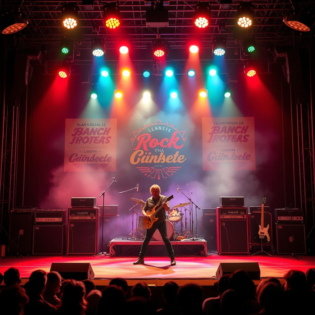 A vintage classic rock concert stage background, featuring iconic 1970s rock elements such as large amplifiers, electric guitars and classic drum sets