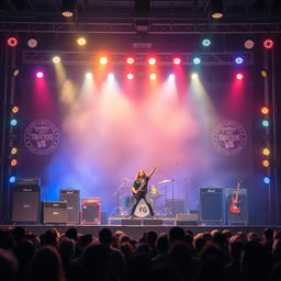 A vintage classic rock concert stage background, featuring iconic 1970s rock elements such as large amplifiers, electric guitars and classic drum sets