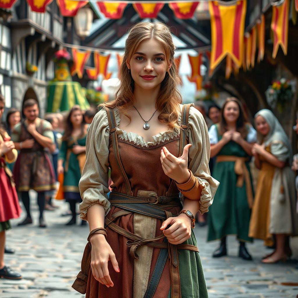 A young adult woman dressed in medieval attire, in a fantasy village setting, with her hands and feet gently restrained in stocks as part of a playful medieval festival activity, surrounded by cheerful villagers enjoying the festival