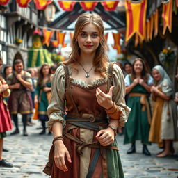 A young adult woman dressed in medieval attire, in a fantasy village setting, with her hands and feet gently restrained in stocks as part of a playful medieval festival activity, surrounded by cheerful villagers enjoying the festival