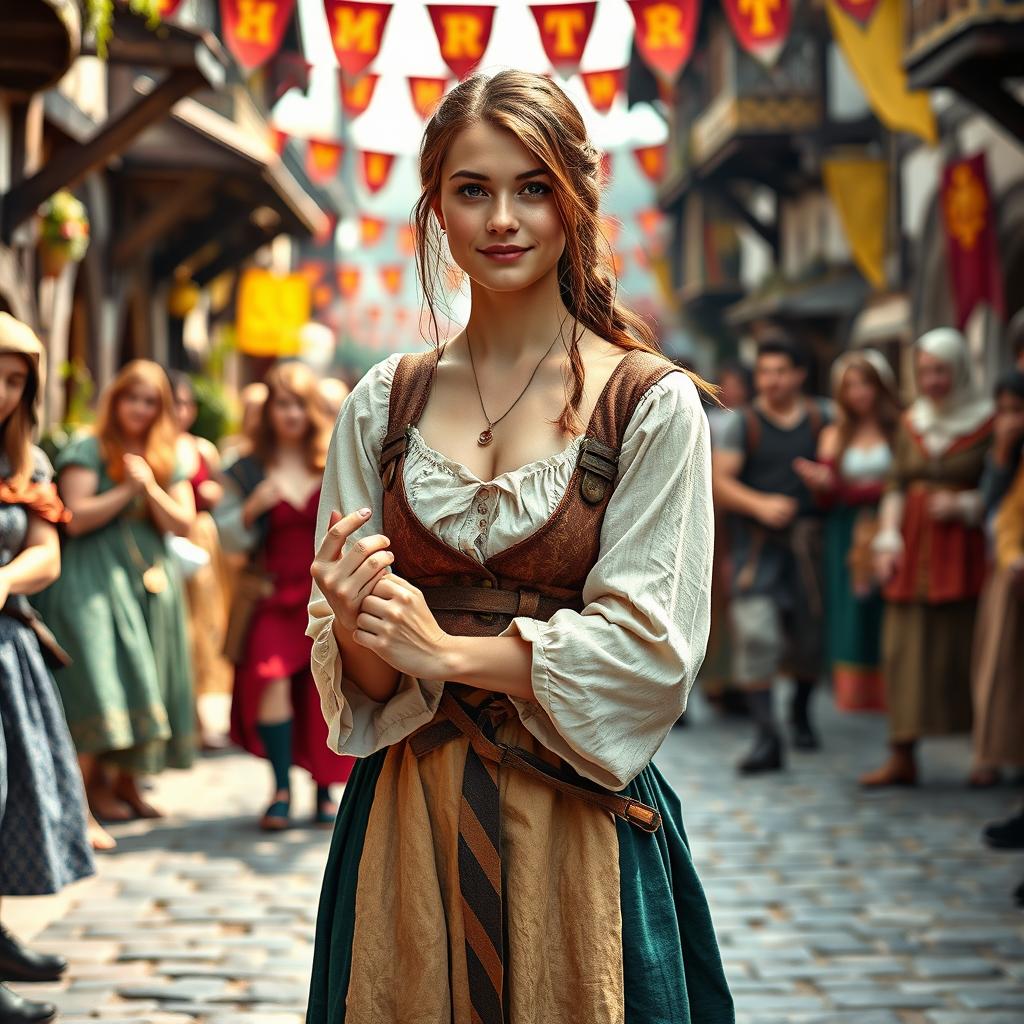 A young adult woman dressed in medieval attire, in a fantasy village setting, with her hands and feet gently restrained in stocks as part of a playful medieval festival activity, surrounded by cheerful villagers enjoying the festival