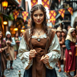 A young adult woman dressed in medieval attire, in a fantasy village setting, with her hands and feet gently restrained in stocks as part of a playful medieval festival activity, surrounded by cheerful villagers enjoying the festival