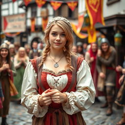 A young adult woman dressed in medieval attire, in a fantasy village setting, with her hands and feet gently restrained in stocks as part of a playful medieval festival activity, surrounded by cheerful villagers enjoying the festival