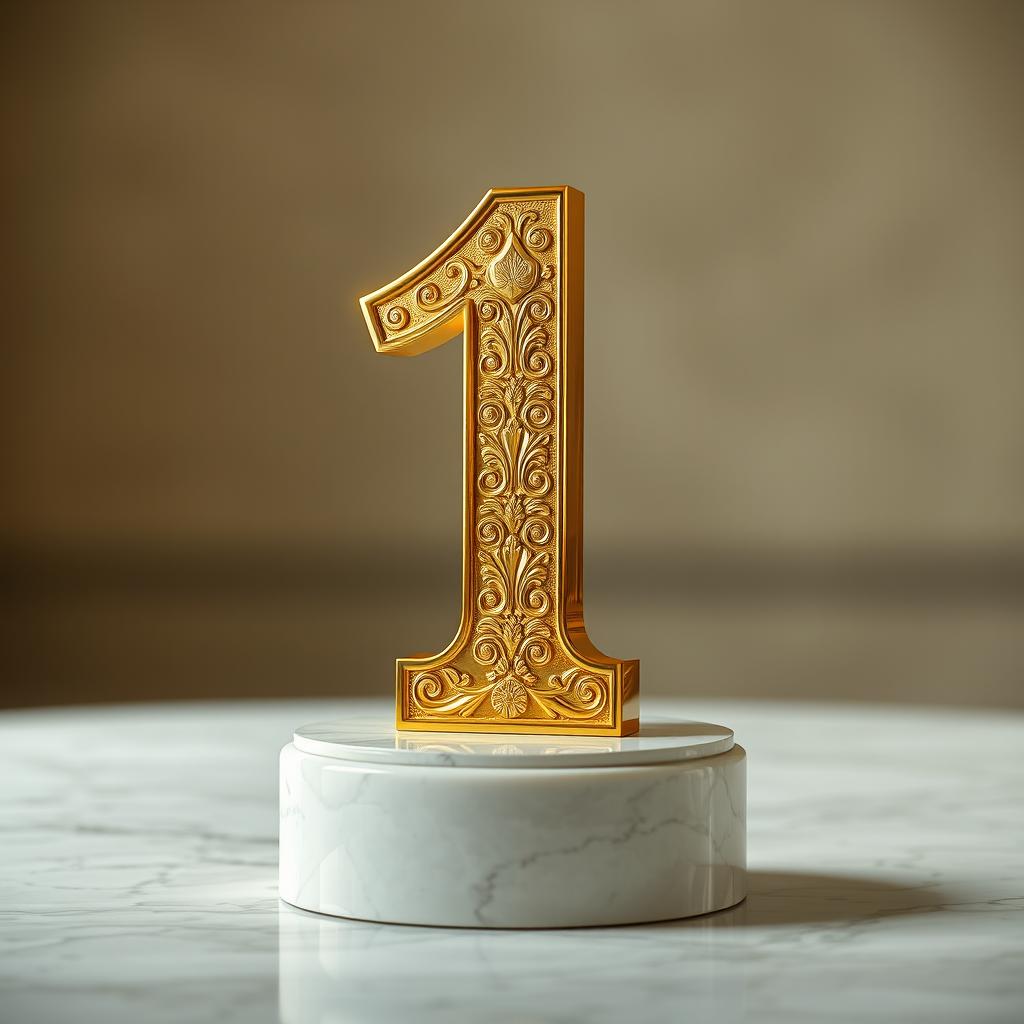 A gleaming golden number one standing upright on a polished marble pedestal