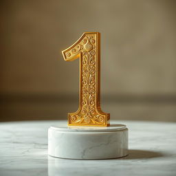 A gleaming golden number one standing upright on a polished marble pedestal