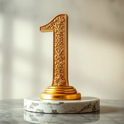 A gleaming golden number one standing upright on a polished marble pedestal