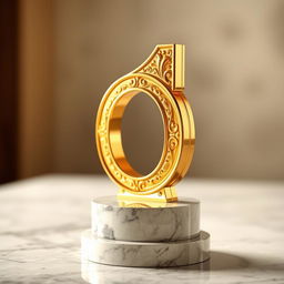 A gleaming golden number one standing upright on a polished marble pedestal