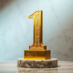 A gleaming golden number one standing upright on a polished marble pedestal