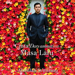 A tall and handsome Indonesian man stands gracefully in an elegant black outfit, enveloped by a beautiful array of flowers