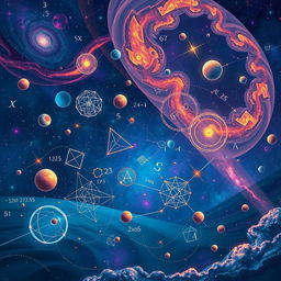 An imaginative scene illustrating abstract mathematical concepts and symbols floating in a vibrant cosmic landscape, with numbers, geometric shapes, and fractals intertwined like galaxies