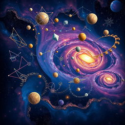 An imaginative scene illustrating abstract mathematical concepts and symbols floating in a vibrant cosmic landscape, with numbers, geometric shapes, and fractals intertwined like galaxies