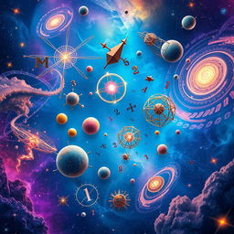 An imaginative scene illustrating abstract mathematical concepts and symbols floating in a vibrant cosmic landscape, with numbers, geometric shapes, and fractals intertwined like galaxies